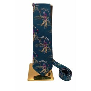 Nautica Golf Novelty Silk Tie Made‎ USA Teal Green Golfer Print Mens